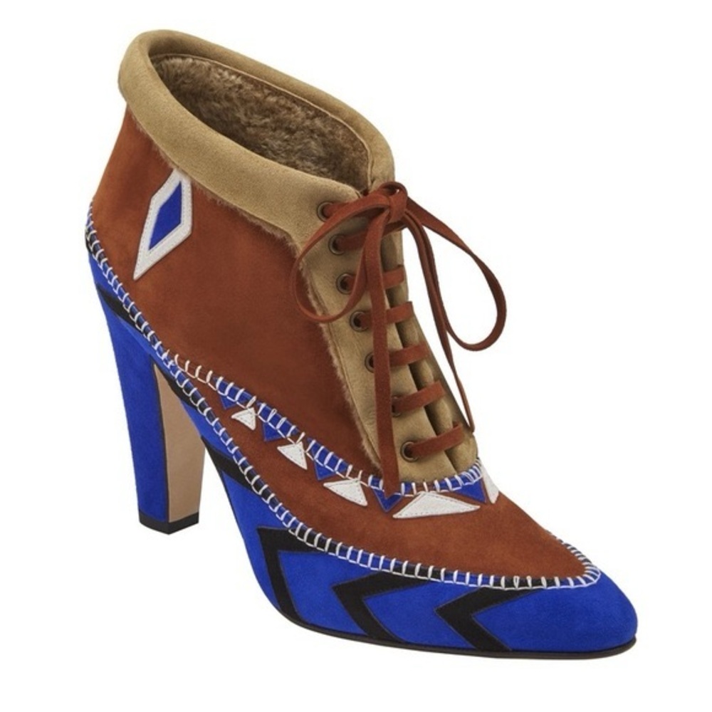Manolo Blahnik Suede Ankle Boots - Brown Fur with Blue/White Pattern
